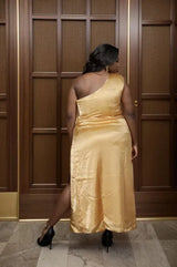 One Shoulder Golden Satin Dress