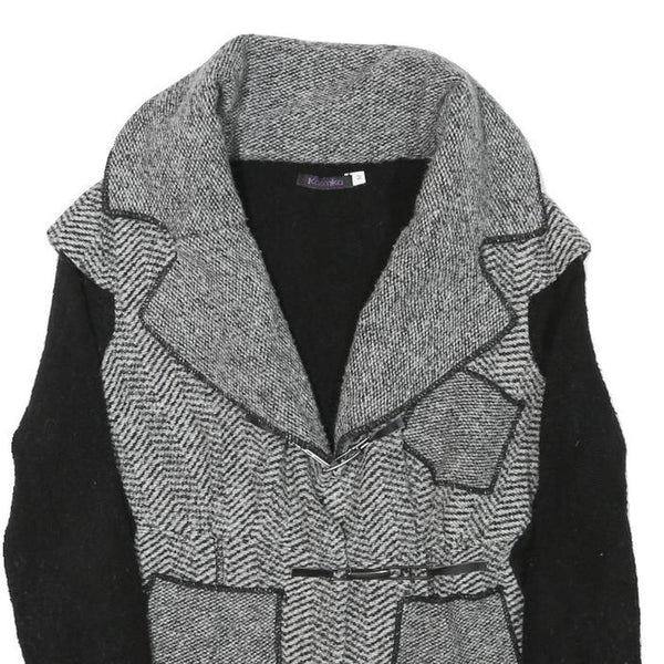 KOSMIKA Womens Black & Grey Button Wool Blend Jacket M Herringbone Pattern