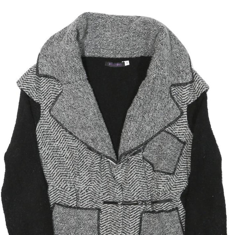 KOSMIKA Womens Black & Grey Button Wool Blend Jacket M Herringbone Pattern