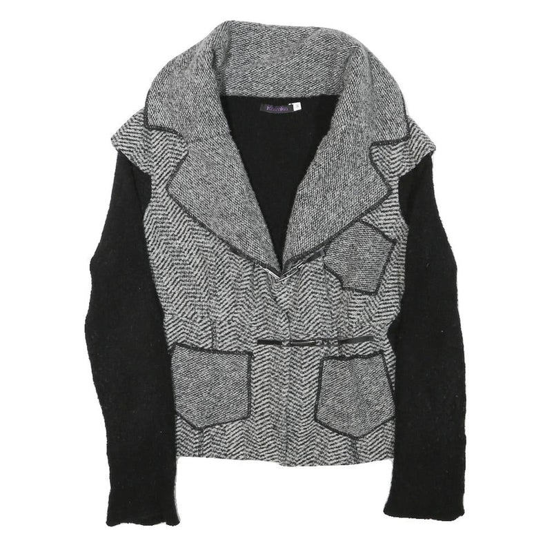 KOSMIKA Womens Black & Grey Button Wool Blend Jacket M Herringbone Pattern