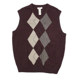 DOCKERS Mens Maroon & Grey Argyle Pattern Pullover V-Neck Acrylic Jumper M