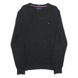TOMMY HILFIGER Mens Black Plain Cotton Crew Neck Basic Knit Jumper L