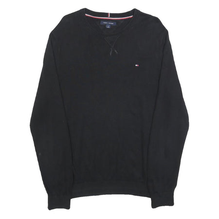 TOMMY HILFIGER Mens Black Plain Cotton Crew Neck Basic Knit Jumper L