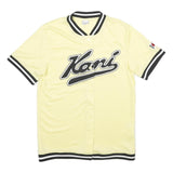 KARL KANI Mens Yellow Black Baseball Style S Short Sleeve Button Neck Logo