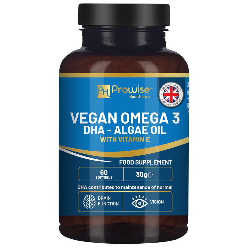 Prowise Vegan Omega-3 DHA from Algae Oil | 60 Softgels with Vitamin E | 400mg DHA + 10mg Vitamin E | 100% Plant-Based | Supports Brain, Eye, and Joint Health | Pure & Sustainable Sourced