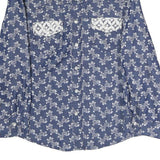 Womens Blue Floral Cotton Blend Shirt S Lace Pocket Detail Casual Elegant