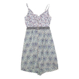 RONALD MOURET Womens White & Blue Sleeveless Fit & Flare Polyester Blend Dress