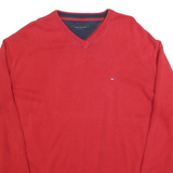 TOMMY HILFIGER Mens Red Plain Jumper V-Neck Basic Knit XL Classic Cotton