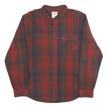 LEVI'S Mens Red Brown Check Shirt XL Button-Down Collar Cotton Casual