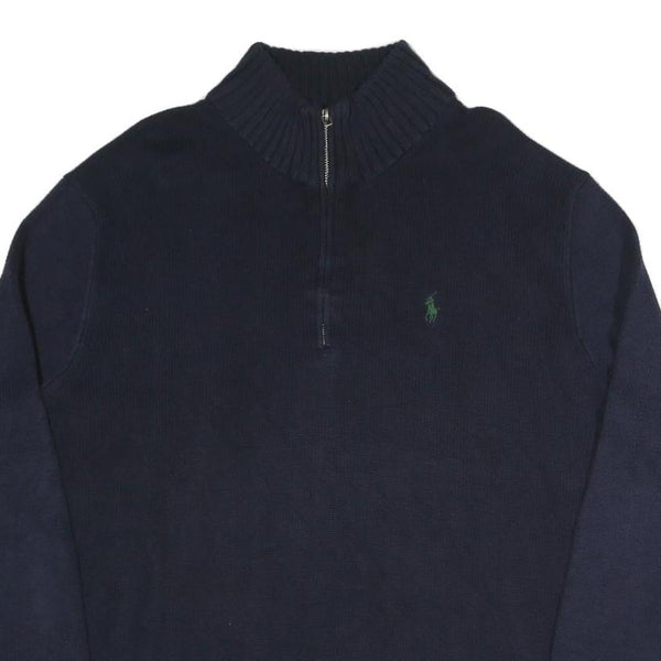 POLO RALPH LAUREN Mens Navy Blue Plain Cotton Blend Jumper Half Zip L Classic