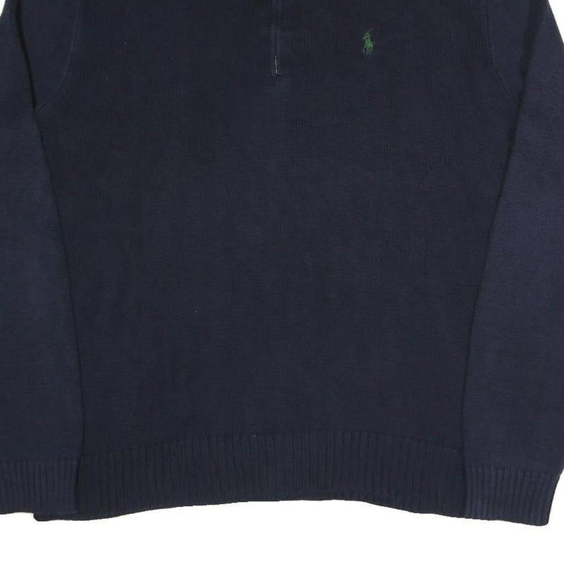 POLO RALPH LAUREN Mens Navy Blue Plain Cotton Blend Jumper Half Zip L Classic