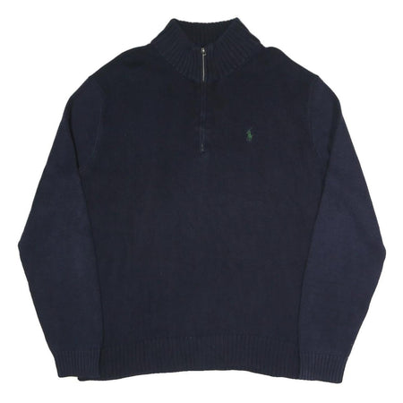 POLO RALPH LAUREN Mens Navy Blue Plain Cotton Blend Jumper Half Zip L Classic