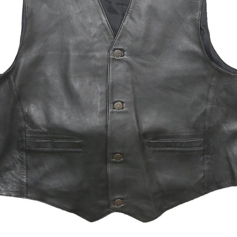 CASUCCI Mens Black Leather Waistcoat L Leather Plain Button Closure Stylish