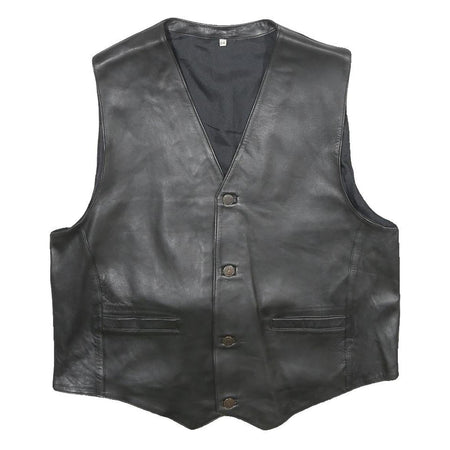 CASUCCI Mens Black Leather Waistcoat L Leather Plain Button Closure Stylish