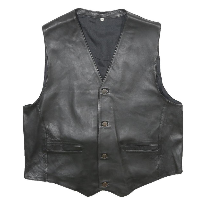CASUCCI Mens Black Leather Waistcoat L Leather Plain Button Closure Stylish