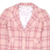 Womens Pink & Red Plaid Button Jacket S Polyester Blend Checked Cropped Stylish