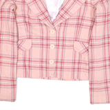 Womens Pink & Red Plaid Button Jacket S Polyester Blend Checked Cropped Stylish