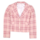 Womens Pink & Red Plaid Button Jacket S Polyester Blend Checked Cropped Stylish