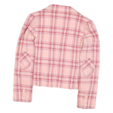 Womens Pink & Red Plaid Button Jacket S Polyester Blend Checked Cropped Stylish