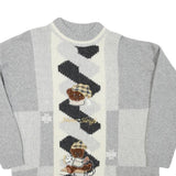 Mens Grey & Cream Patterned Wool Blend Jumper Crew Neck Basic Knit L Teddy Bear