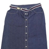 Womens Blue Denim Button Midi Cotton Blend Straight Skirt Size S Stripe Belt