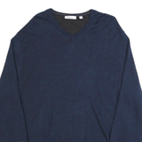 CALVIN KLEIN Mens Blue Plain Wool V-Neck Basic Knit XL Jumper Pullover