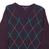 TOMMY HILFIGER Mens Burgundy & Navy Argyle Pattern V-Neck Basic Knit S Sweater