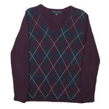 TOMMY HILFIGER Mens Burgundy & Navy Argyle Pattern V-Neck Basic Knit S Sweater