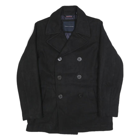 TOMMY HILFIGER Mens Black Wool Blend Pea Coat Jacket L Button Plain