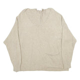PLEASE Womens Beige Plain V-Neck Basic Knit Jumper Size UK 16 Wool Blend Pocket