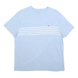 TOMMY HILFIGER Mens Light Blue & White Striped T-Shirt L Short Sleeve Crew Neck