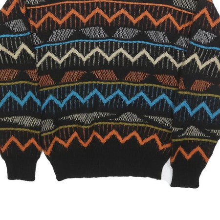 SAFE PASSAGE Womens Black Blue Orange Patterned Jumper Crew Neck M Acrylic Knit