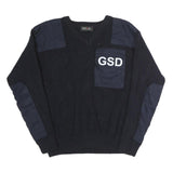 ERBEKO Mens Black Plain V-Neck Basic Knit L Cotton Jumper GSD Patch Shoulder