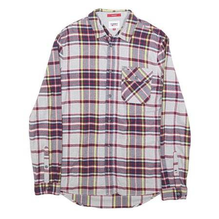 TOMMY JEANS Mens White & Navy Check Shirt M Cotton Long Sleeve Button Pocket