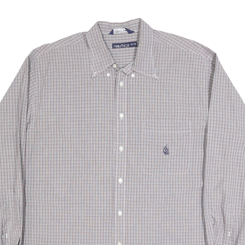 NAUTICA Mens Grey & Red Check Cotton Shirt XL Button-Down Collar Casual