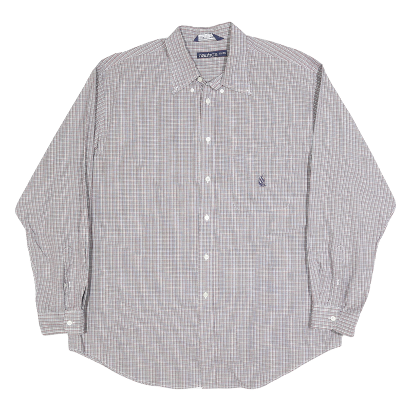 NAUTICA Mens Grey & Red Check Cotton Shirt XL Button-Down Collar Casual
