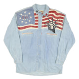 SHOOTER Mens Blue & Red Patriotic Denim Shirt M Button Front Statue Of Liberty