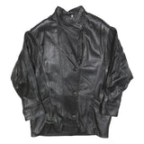 Womens Black Leather Button Jacket L Cropped Plain Stylish Outerwear