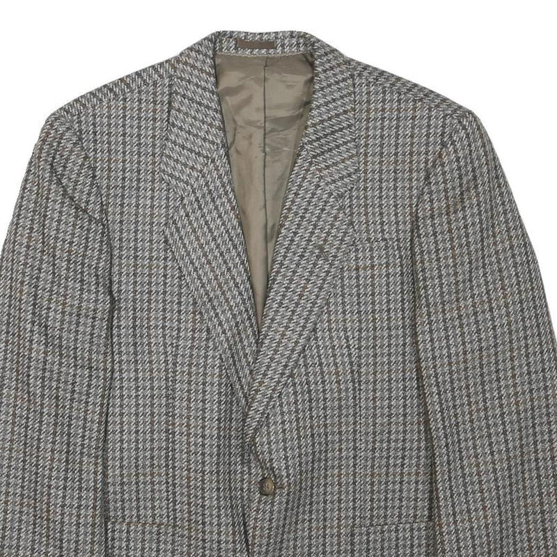 Mens Grey Brown Houndstooth Wool Blend Classic Jacket M Button Closure Tailored