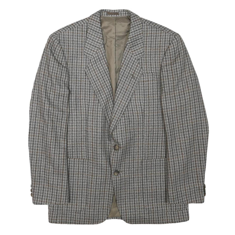 Mens Grey Brown Houndstooth Wool Blend Classic Jacket M Button Closure Tailored