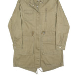 ZARA Womens Beige Cotton Blend Parka Jacket S Plain Hooded Zip Closure