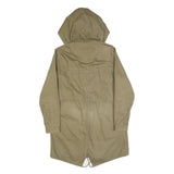 ZARA Womens Beige Cotton Blend Parka Jacket S Plain Hooded Zip Closure