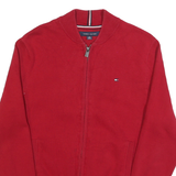 TOMMY HILFIGER Mens Red Plain Jumper Full Zip Crew Neck Basic Knit XS Zip Pocket