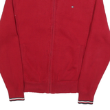 TOMMY HILFIGER Mens Red Plain Jumper Full Zip Crew Neck Basic Knit XS Zip Pocket