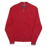 TOMMY HILFIGER Mens Red Plain Jumper Full Zip Crew Neck Basic Knit XS Zip Pocket