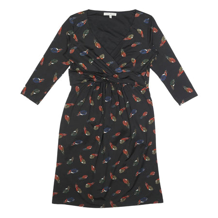 LAURA ASHLEY Womens Black Feather Print Wrap Dress Polyester Blend UK 12 Long