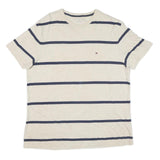 TOMMY HILFIGER Mens Cream & Navy Stripe Modern T-Shirt L Short Sleeve Crew Neck