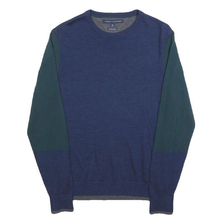 TOMMY HILFIGER Mens Blue & Green Patterned Wool Jumper Crew Neck Basic Knit S