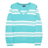 TOMMY HILFIGER Womens Blue & White Patterned V-Neck Basic Knit Jumper L Cotton
