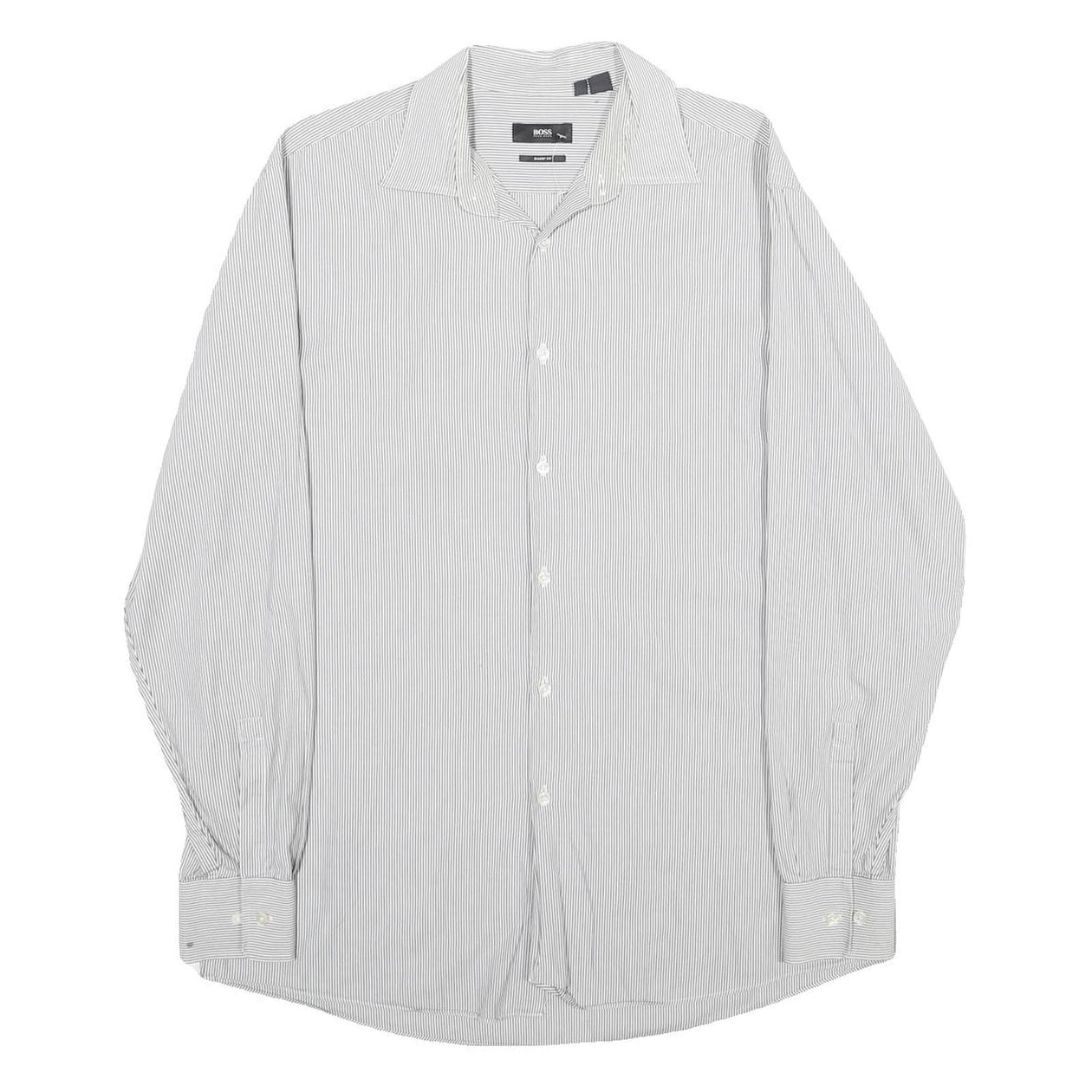 HUGO BOSS Mens White & Grey Striped Shirt L Classic Fit Cotton Formal – Cerqular